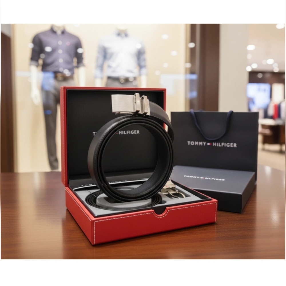 Tommy Hilfiger Reversible Leather Belt With Removable Buckles And Premium Box